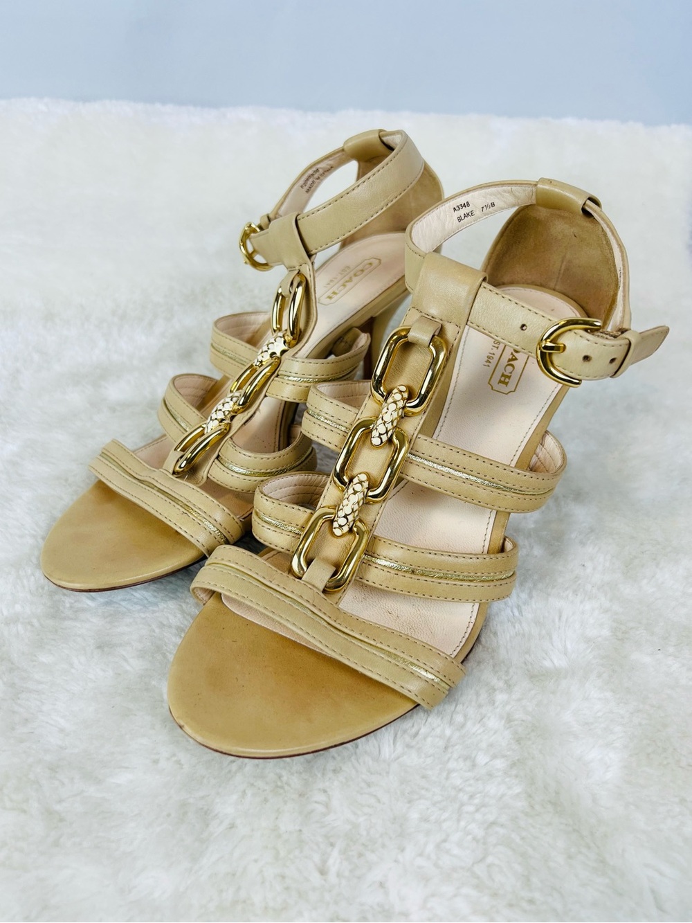 Coach Blake Beige Leather Chain Front Women's Sandals
